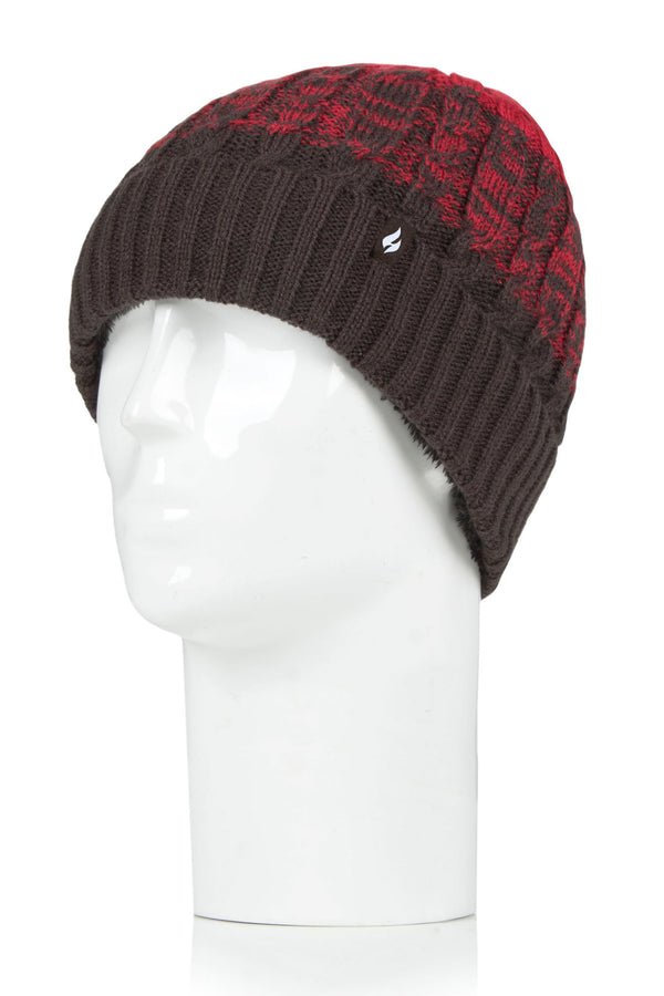 Heat Holders Men's Mavis Three-Tone Cable Knit Roll Up Hat Charcoal/Red