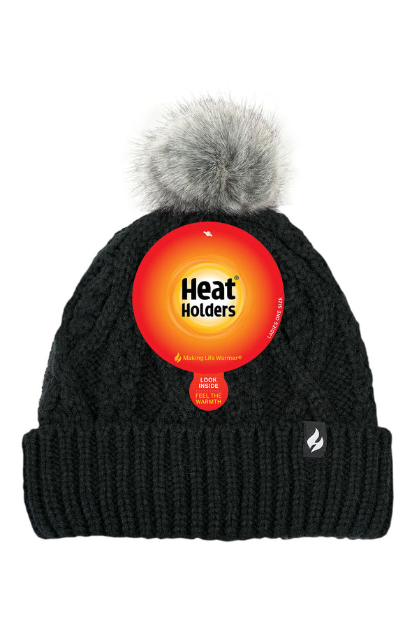 heat holders Women's Brina Solid Cable Knit Roll Up Hat with Pom-Pom Black