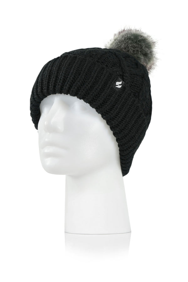 Heat Holders Women's Brina Solid Cable Knit Roll Up Hat With Pom-Pom Black