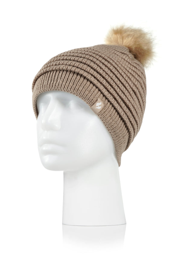 Heat Holders Women's Cannes Ribbed Hat With Pom Pom BEIGE