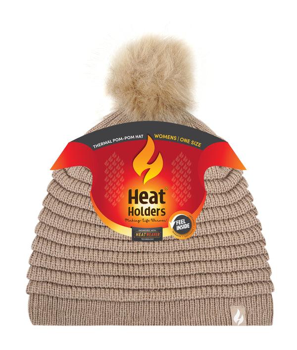 Heat Holders Women's Cannes Ribbed Hat With Pom Pom BEIGE