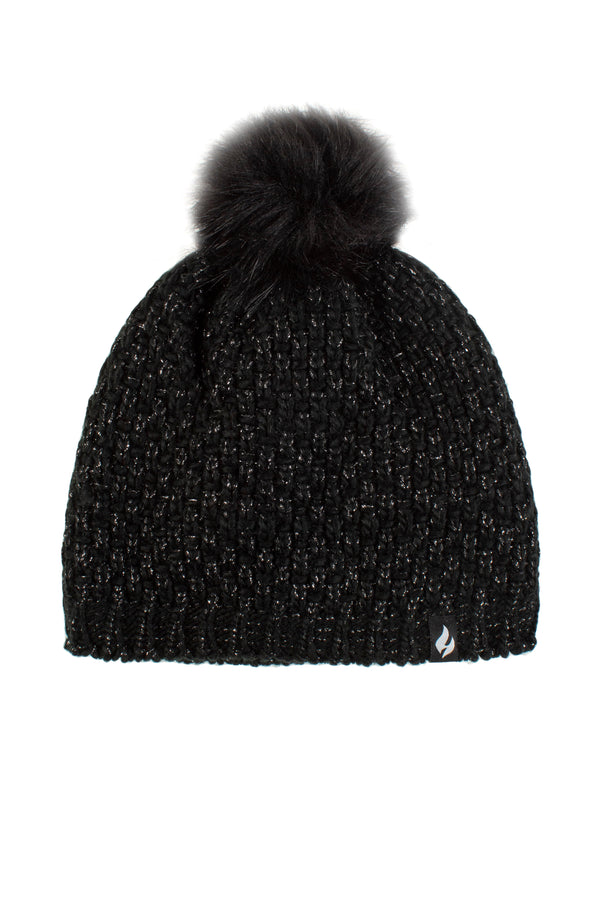 Heat Holders Women's Corsica Basket Weave Hat With Pom Pom Black