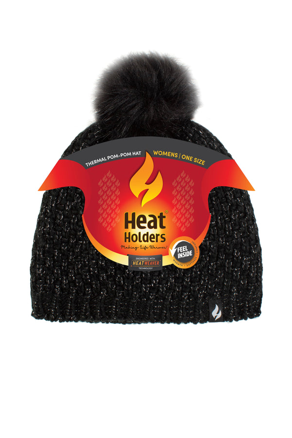 heat holders Women's Corsica Basket Weave Hat With Pom Pom Black