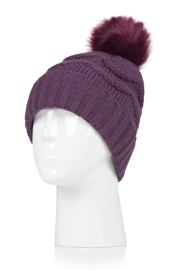 Heat Holders Women's Courtney Roll-Up Hat With Wispy Pom-Pom Purple