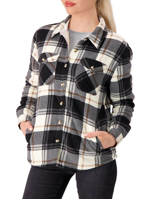 Heat Holders Women's Jacqueline Long Sleeve Plaid Shirt Jacket Black/Cream