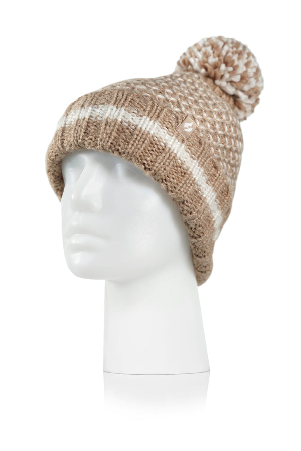 Heat Holders Women's Lyon Textured Knit Roll Up Hat With Pom Pom BEIGE
