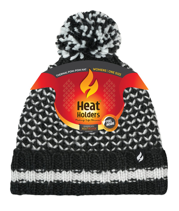 Heat Holders Women's Lyon Textured Knit Roll Up Hat With Pom Pom BEIGE