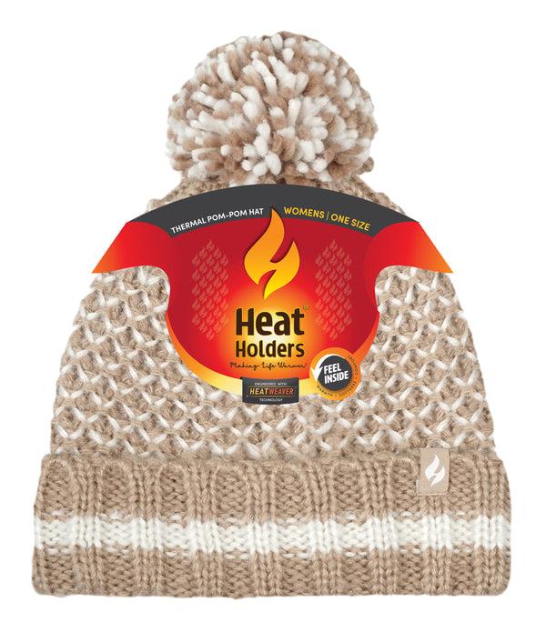 heat holders Women's Lyon Textured Knit Roll Up Hat With Pom Pom BEIGE