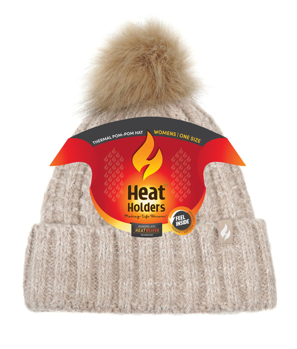 Heat Holders Women's Marseille Ribbed Roll Up Hat With Pom Pom NAVY