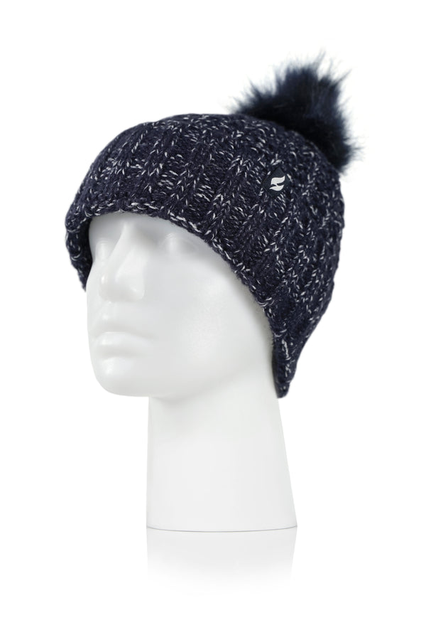 Heat Holders Women's Marseille Ribbed Roll Up Hat With Pom Pom NAVY