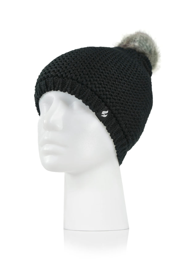 Heat Holders Women's Paris Purl Stitch Knit Hat With Pom Pom Black
