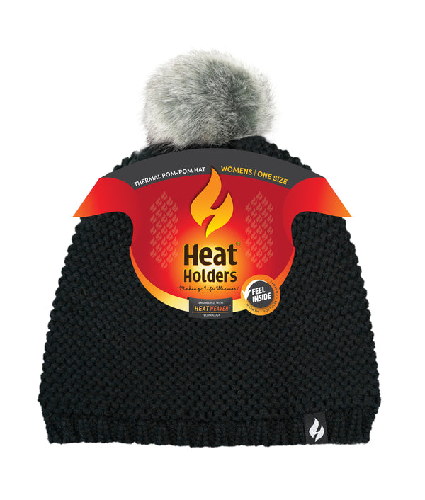 heat holders Women's Paris Purl Stitch Knit Hat With Pom Pom Black