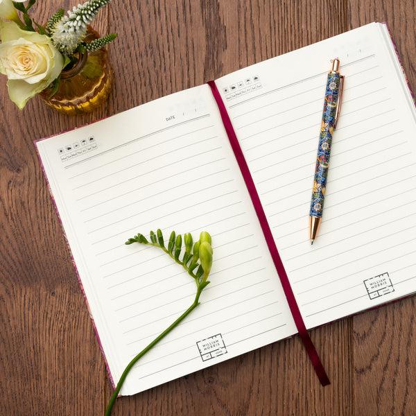 Heathcote & Ivory Strawberry Thief A5 Notebook Hard Cover With Pen - Raspberry With Indigo Pen