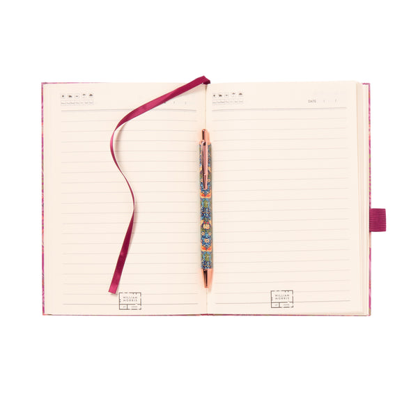 Heathcote & Ivory Strawberry Thief A5 Notebook Hard Cover With Pen - Raspberry With Indigo Pen