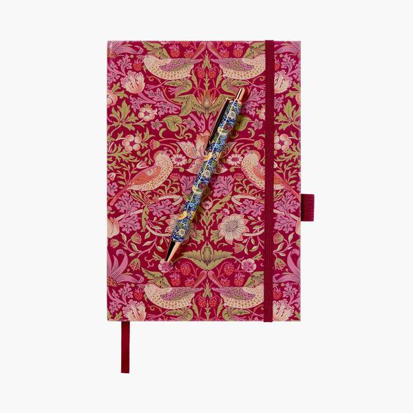 heathcote & ivory Strawberry Thief A5 Notebook Hard Cover with Pen - Raspberry with Indigo Pen