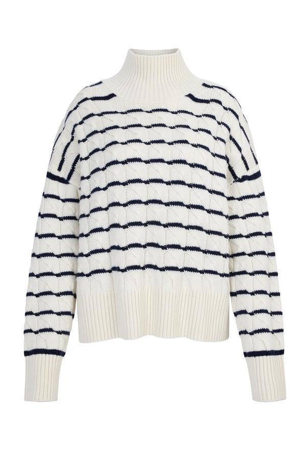 Heidi Klein Cream And Navy St Moritz Cable Knit Mock Neck Jumper