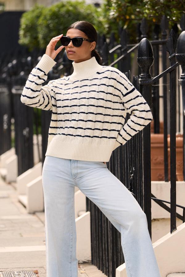 heidi klein Cream and Navy St Moritz Cable Knit Mock Neck Jumper