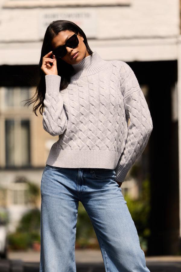 Heidi Klein Grey St Moritz Cable Knit Mock Neck Jumper