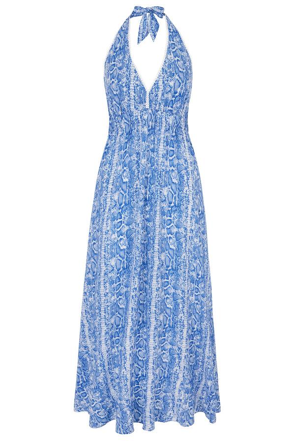 Heidi Klein Blue Snake Halterneck Maxi Dress