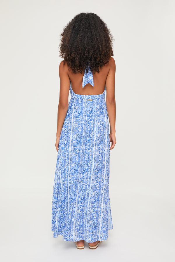 Heidi Klein Blue Snake Halterneck Maxi Dress