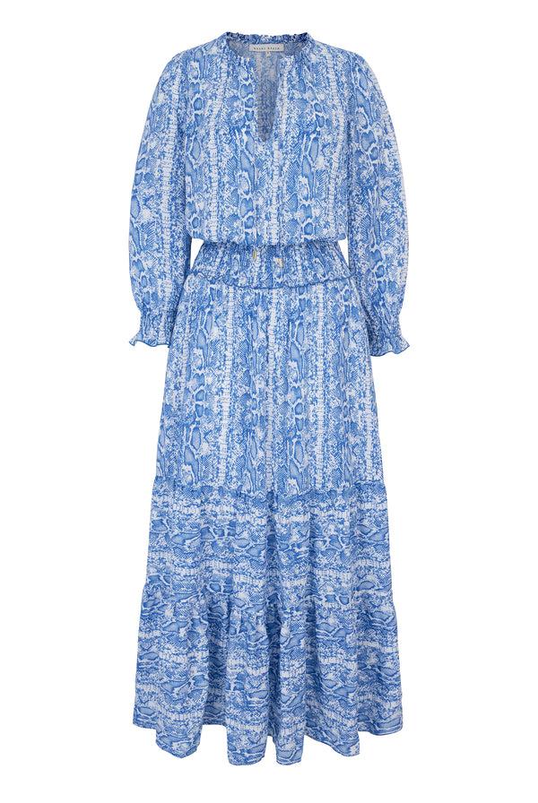 Heidi Klein Blue Snake Smocked Waist Maxi Dress