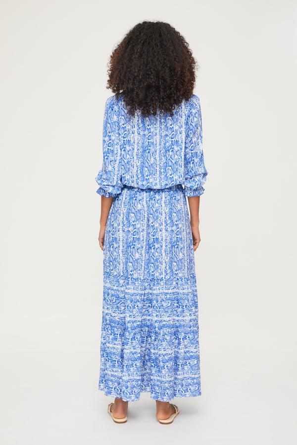 Heidi Klein Blue Snake Smocked Waist Maxi Dress