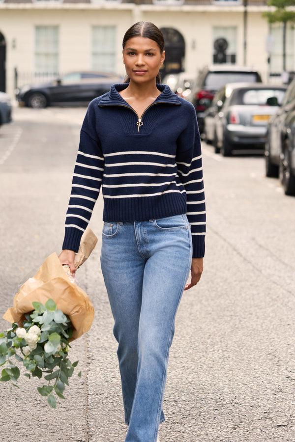 Heidi Klein Navy And Cream Lake Tahoe Half Zip Jumper