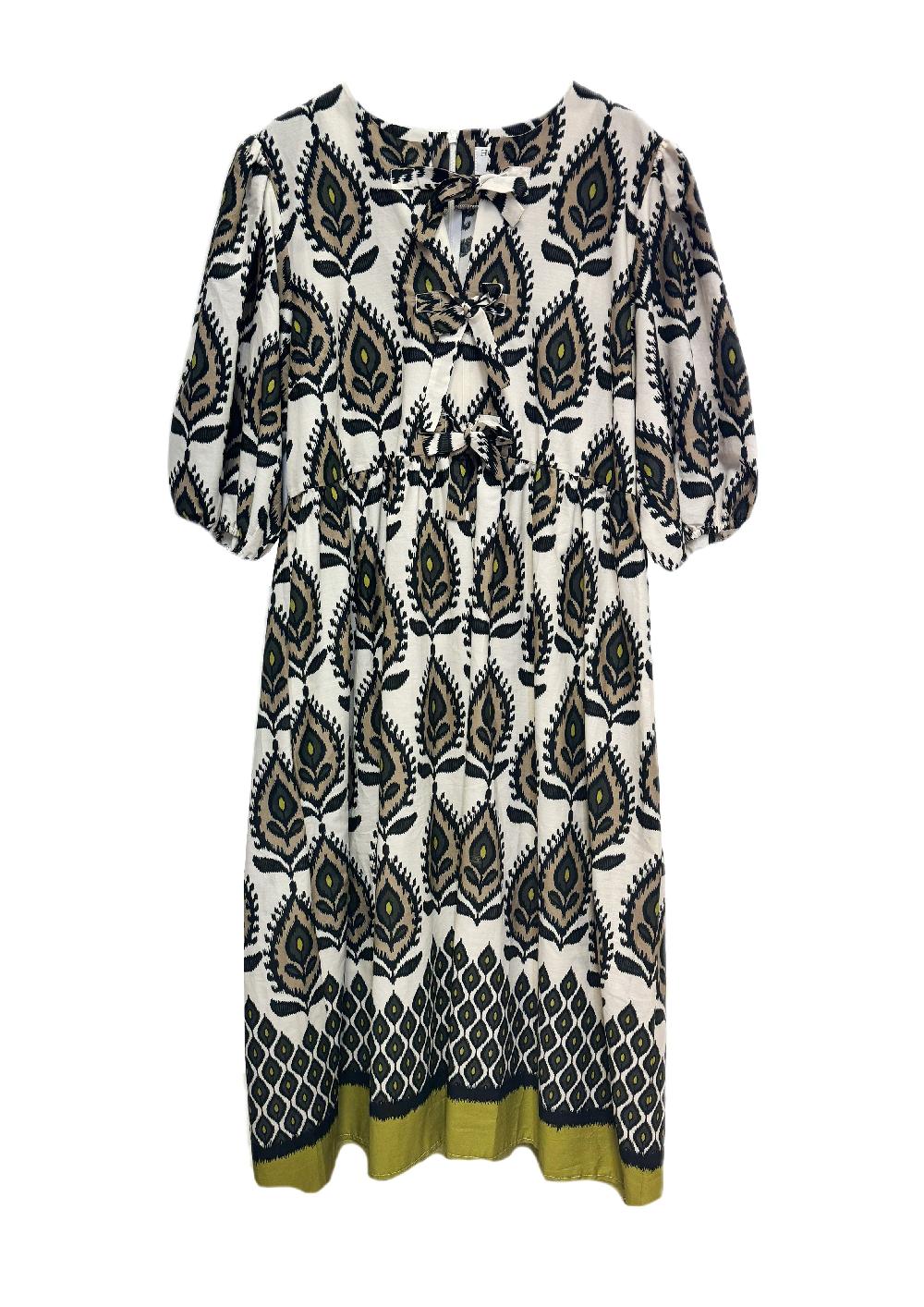 helene berman Jill Printed Linen Mix Dress with Front Bow Details - size 10