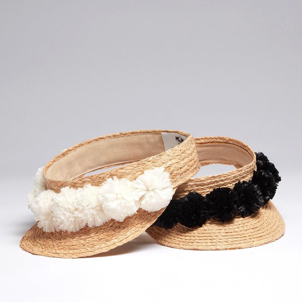 helene berman Ravello Raffia Visors with Pom Pom Detail