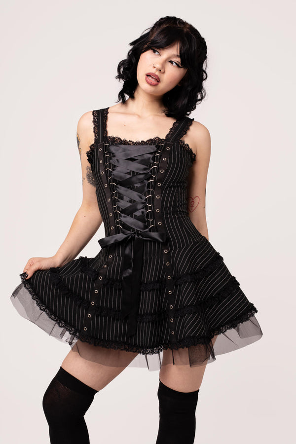 Hell Bunny Harley Pinstripe Dress Black/White