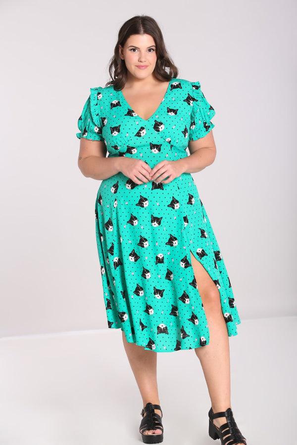 Hell Bunny Love Cats Midi Dress Green