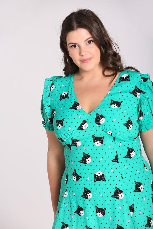 Hell Bunny Love Cats Midi Dress Green