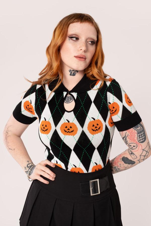 Hell Bunny Pumpkin Head Top Black/White