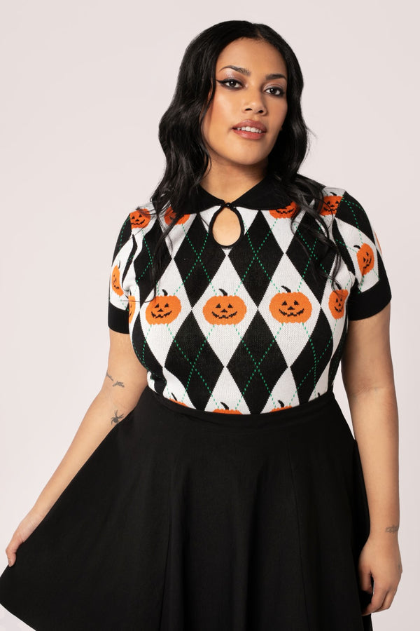 Hell Bunny Pumpkin Head Top Black/White