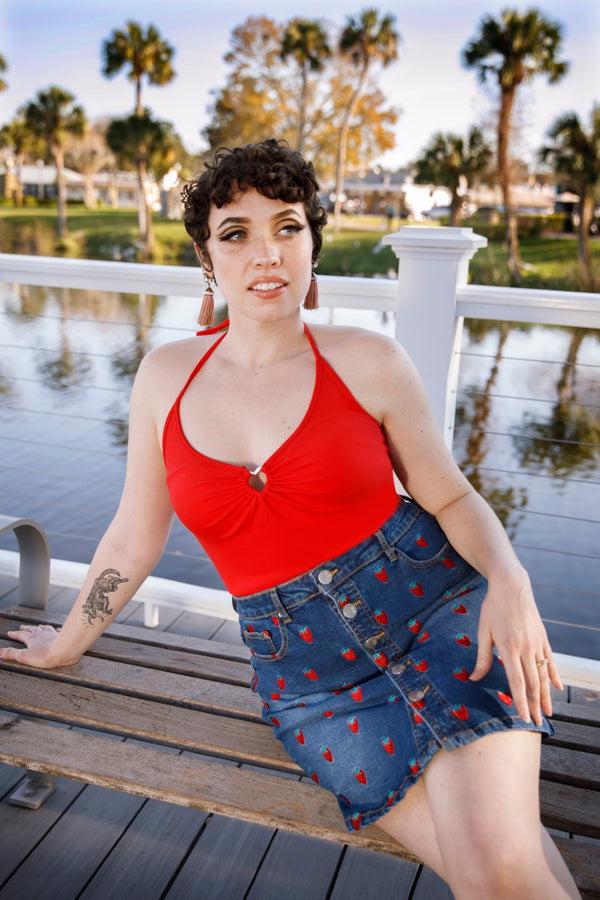 Hell Bunny Strawberry Denim Mini Skirt Blue