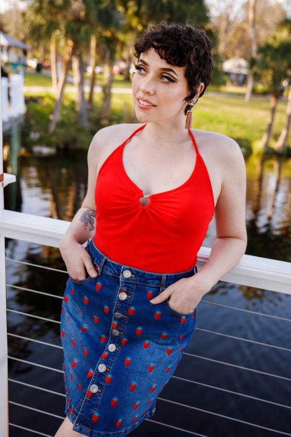 Hell Bunny Strawberry Denim Mini Skirt Blue