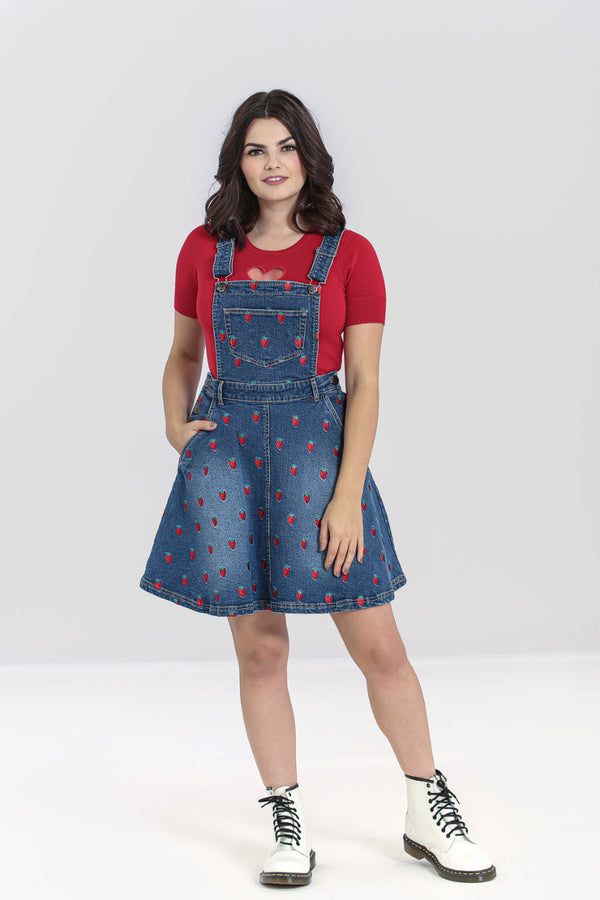 Hell Bunny Strawberry Denim Pinafore Dress Blue