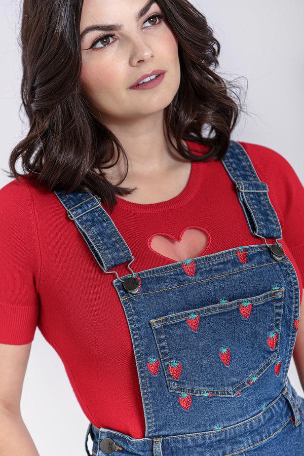 Hell Bunny Strawberry Denim Pinafore Dress Blue
