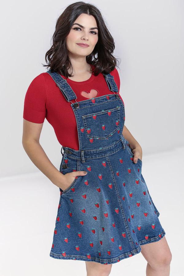 hell bunny Strawberry Denim Pinafore Dress Blue