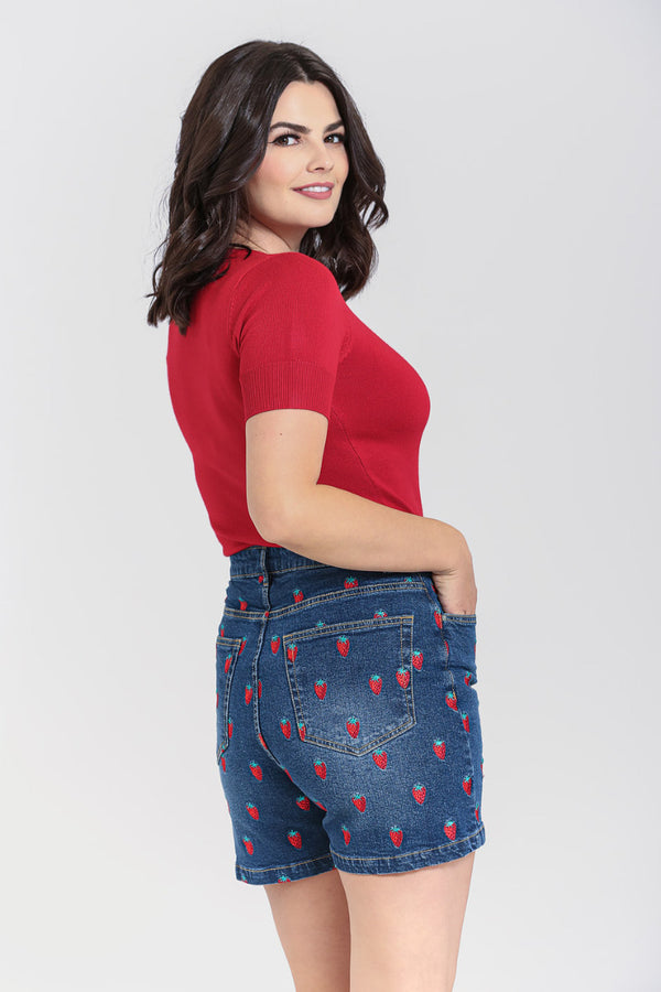Hell Bunny Strawberry Denim Shorts Blue