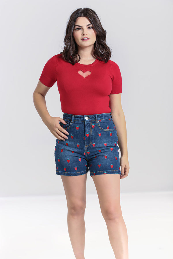 Hell Bunny Strawberry Denim Shorts Blue