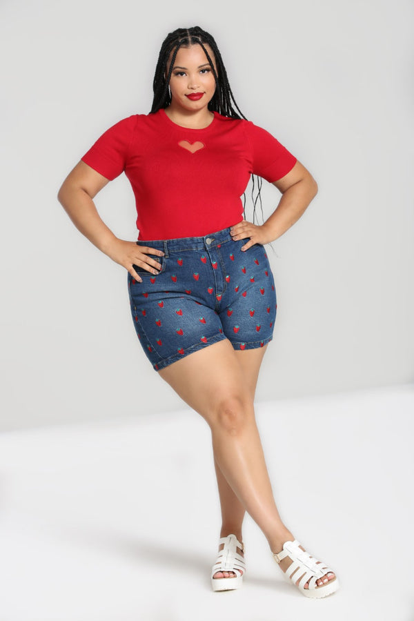 Hell Bunny Strawberry Denim Shorts Blue