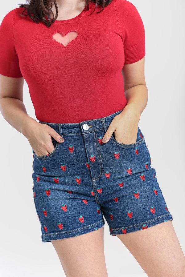hell bunny Strawberry Denim Shorts Blue