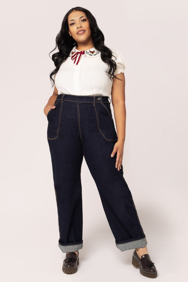 Hell Bunny Weston Denim Trousers Navy