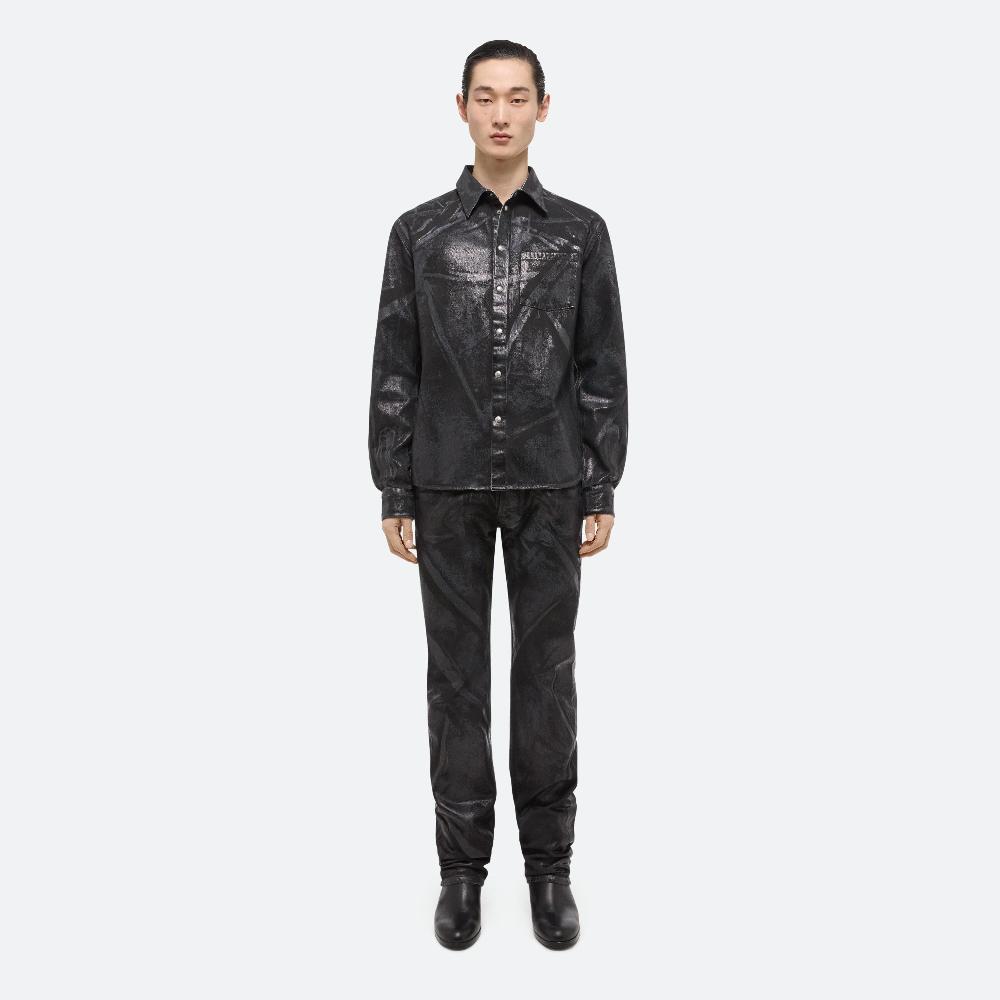 Helmut Lang Foiled Denim Shirt Jacket Black Distress Metal Crash