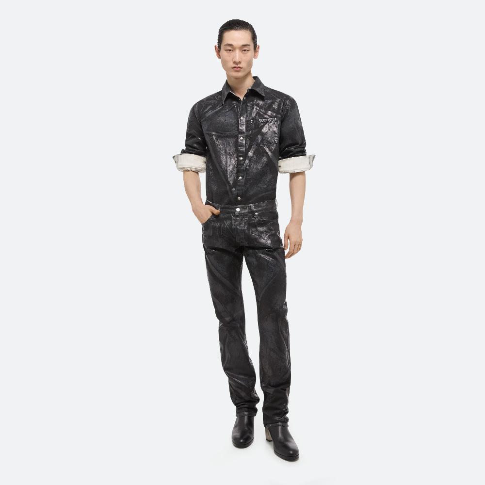 helmut lang Foiled Denim Shirt Jacket black distress metal crash