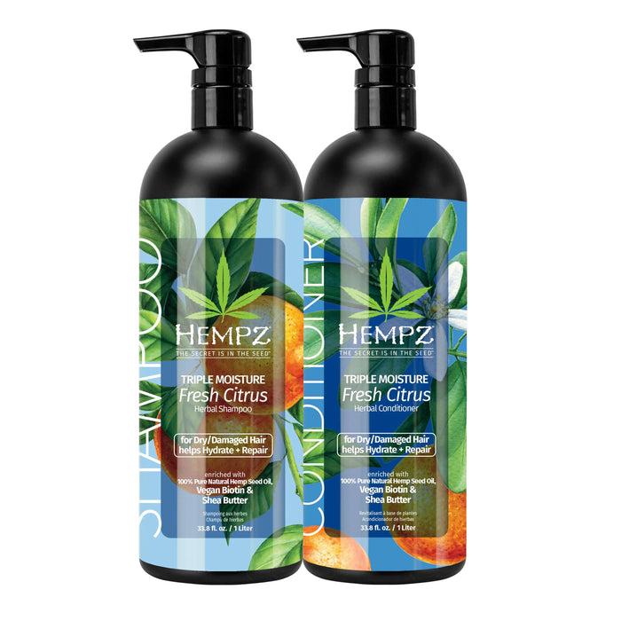 hempz couture Triple Moisture Fresh Citrus Shampoo & Conditioner Set with Vegan Biotin for Dry/Damaged Hair