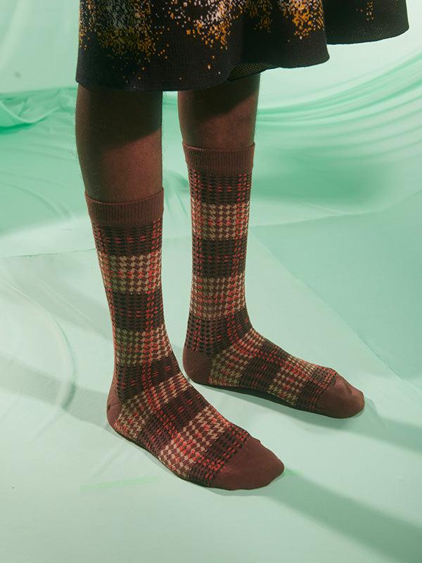 Henrik Vibskov Blurry Stripes Socks Homme - Brown White Orange Checks