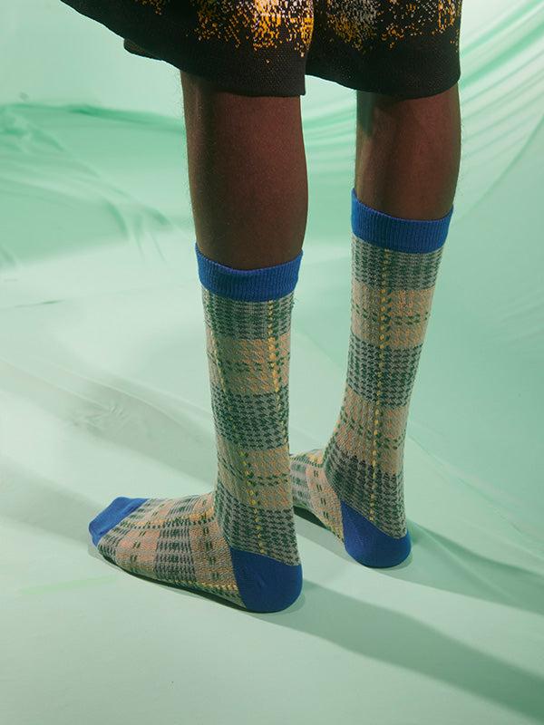 Henrik Vibskov Blurry Stripes Socks Homme - Grey Blue Yellow Checks