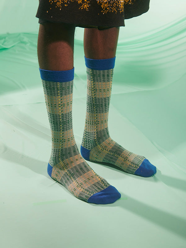 Henrik Vibskov Blurry Stripes Socks Homme - Grey Blue Yellow Checks